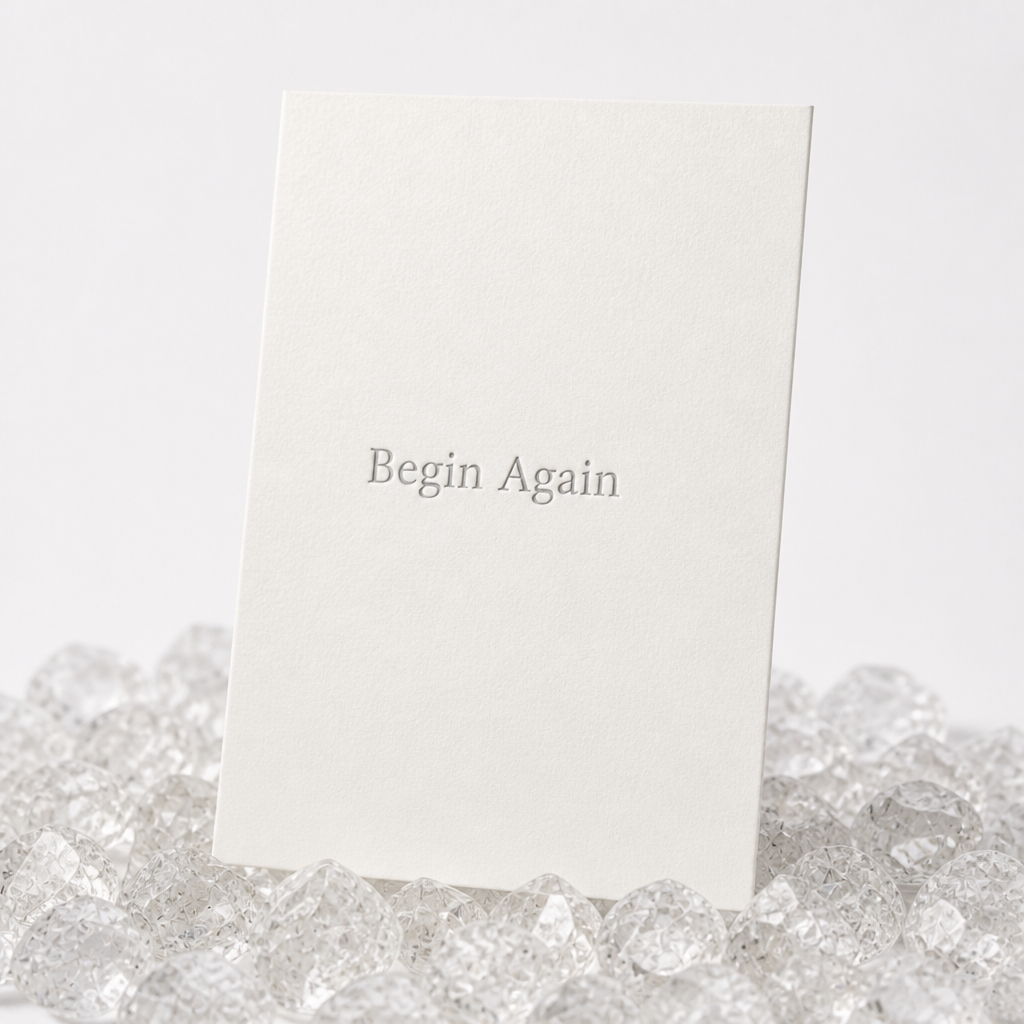 Begin Again affirmation card on clear quartz