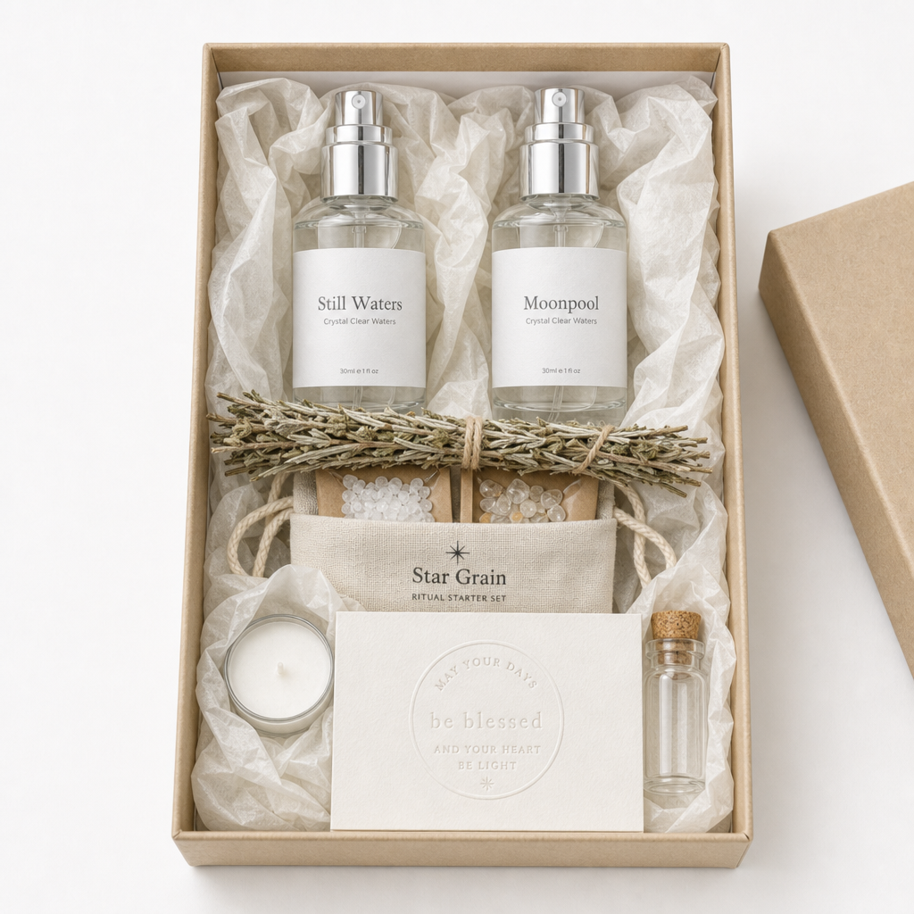 The Threshold Kit — top-down view of mists, pouch, vigil, salt and charms